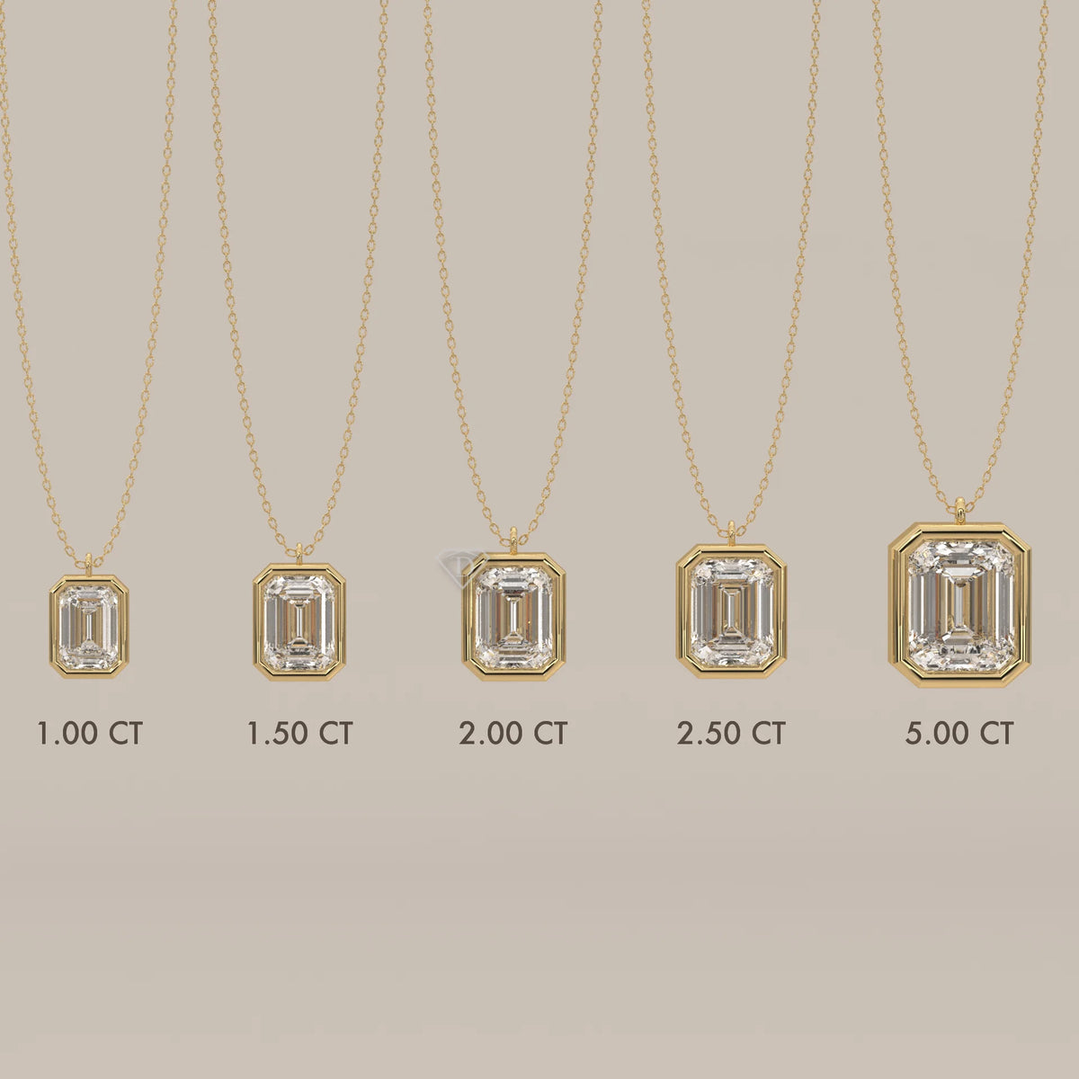 Five emerald-cut diamond pendants on gold chains, ranging from 1.00 to 5.00 carats.
