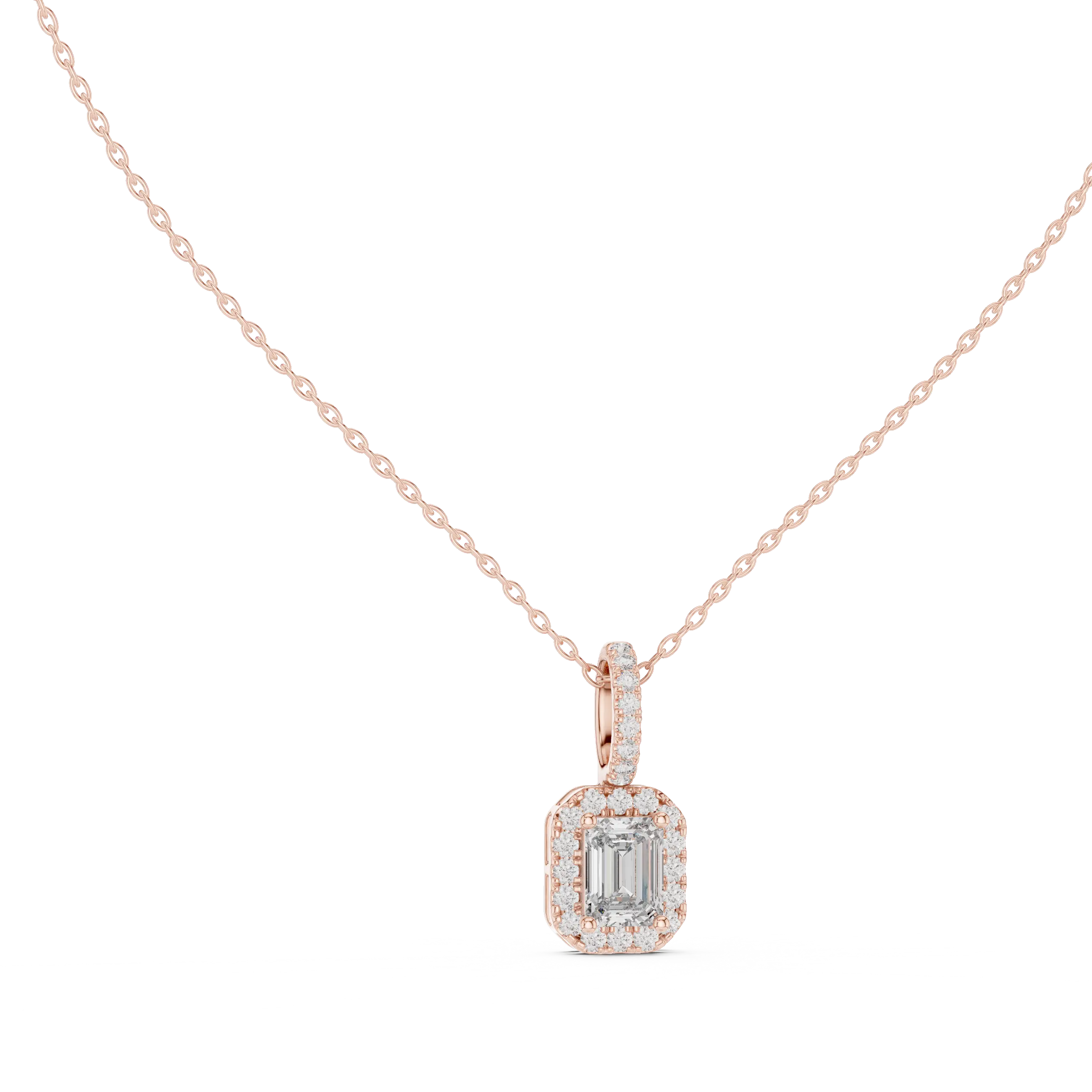 Front-View: Emerald Cut Diamond Pendant with Halo Setting in 14k Rose Gold - Lab Grown - Driona Jewels