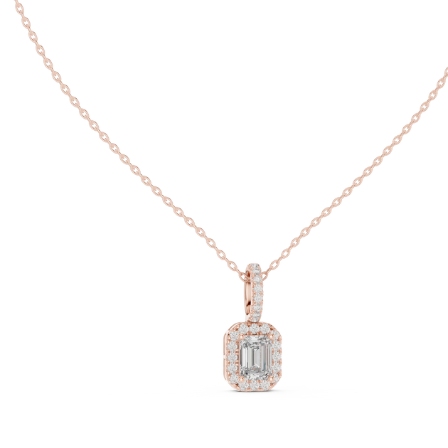 Front-View: Emerald Cut Diamond Pendant with Halo Setting in 14k Rose Gold - Lab Grown - Driona Jewels