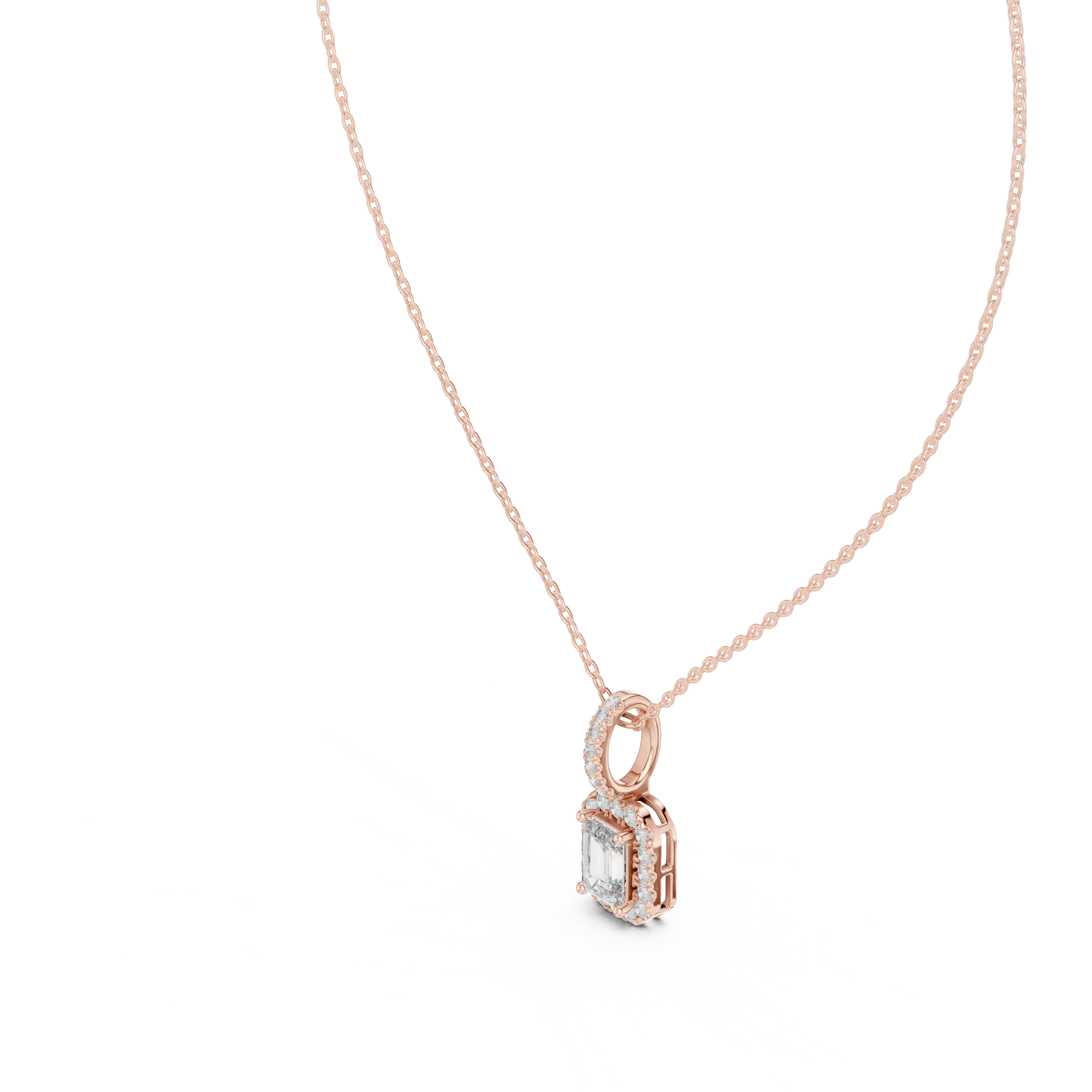 Front-View: Emerald Cut Diamond Pendant with Halo Setting in 14k Rose Gold - Lab Grown - Driona Jewels