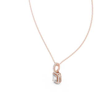 Front-View: Emerald Cut Diamond Pendant with Halo Setting in 14k Rose Gold - Lab Grown - Driona Jewels