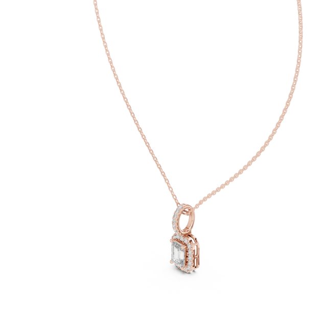 Front-View: Emerald Cut Diamond Pendant with Halo Setting in 14k Rose Gold - Lab Grown - Driona Jewels