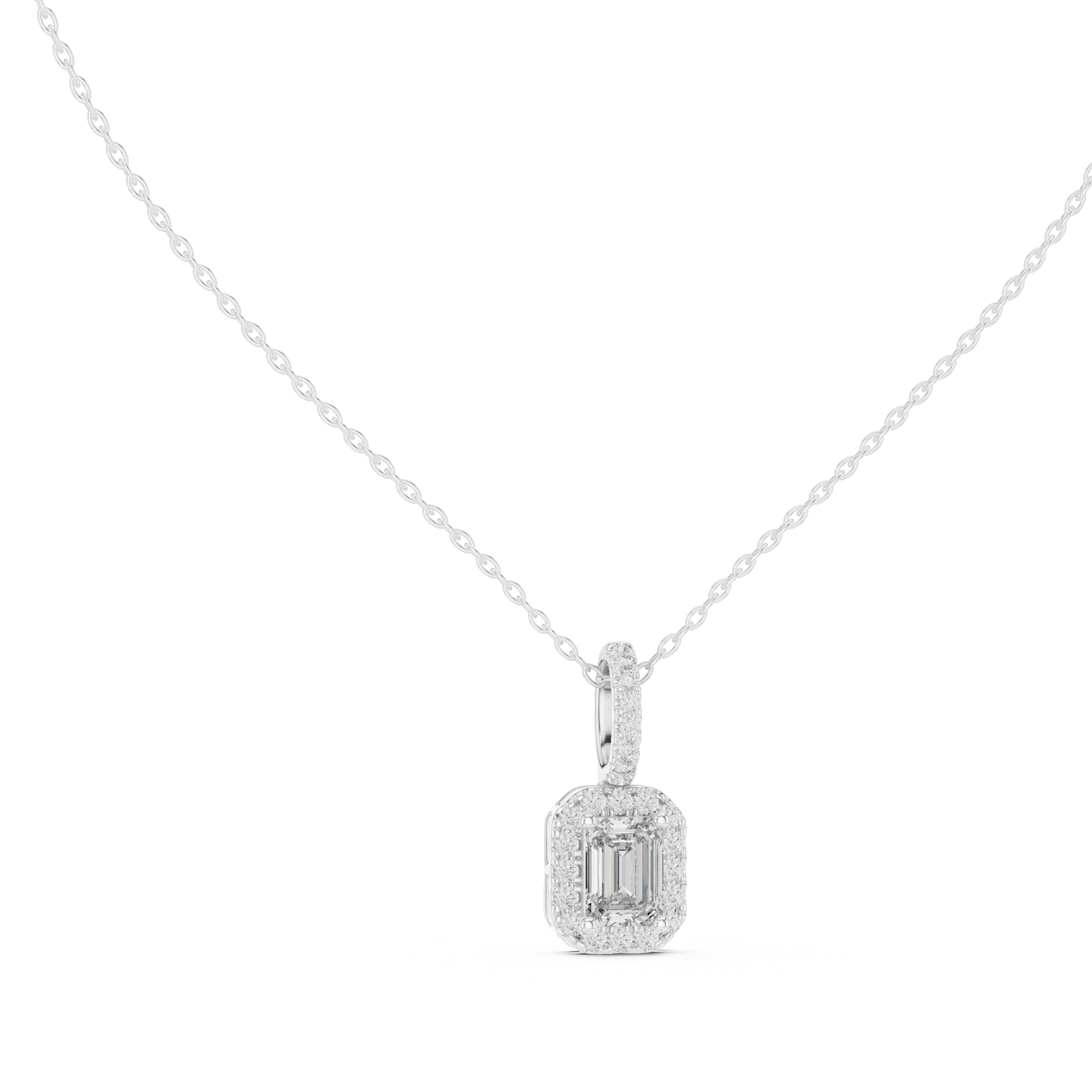 Front-View: Emerald Cut Diamond Pendant with Halo Setting in 14k White Gold - Lab Grown - Driona Jewels
