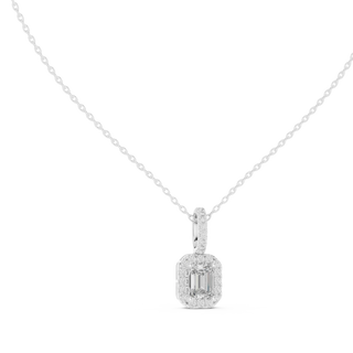 Front-View: Emerald Cut Diamond Pendant with Halo Setting in 14k White Gold - Lab Grown - Driona Jewels