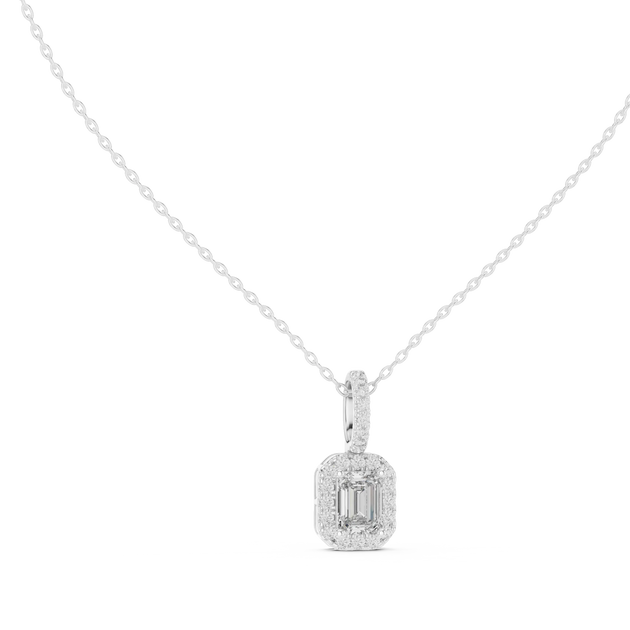 Front-View: Emerald Cut Diamond Pendant with Halo Setting in 14k White Gold - Lab Grown - Driona Jewels