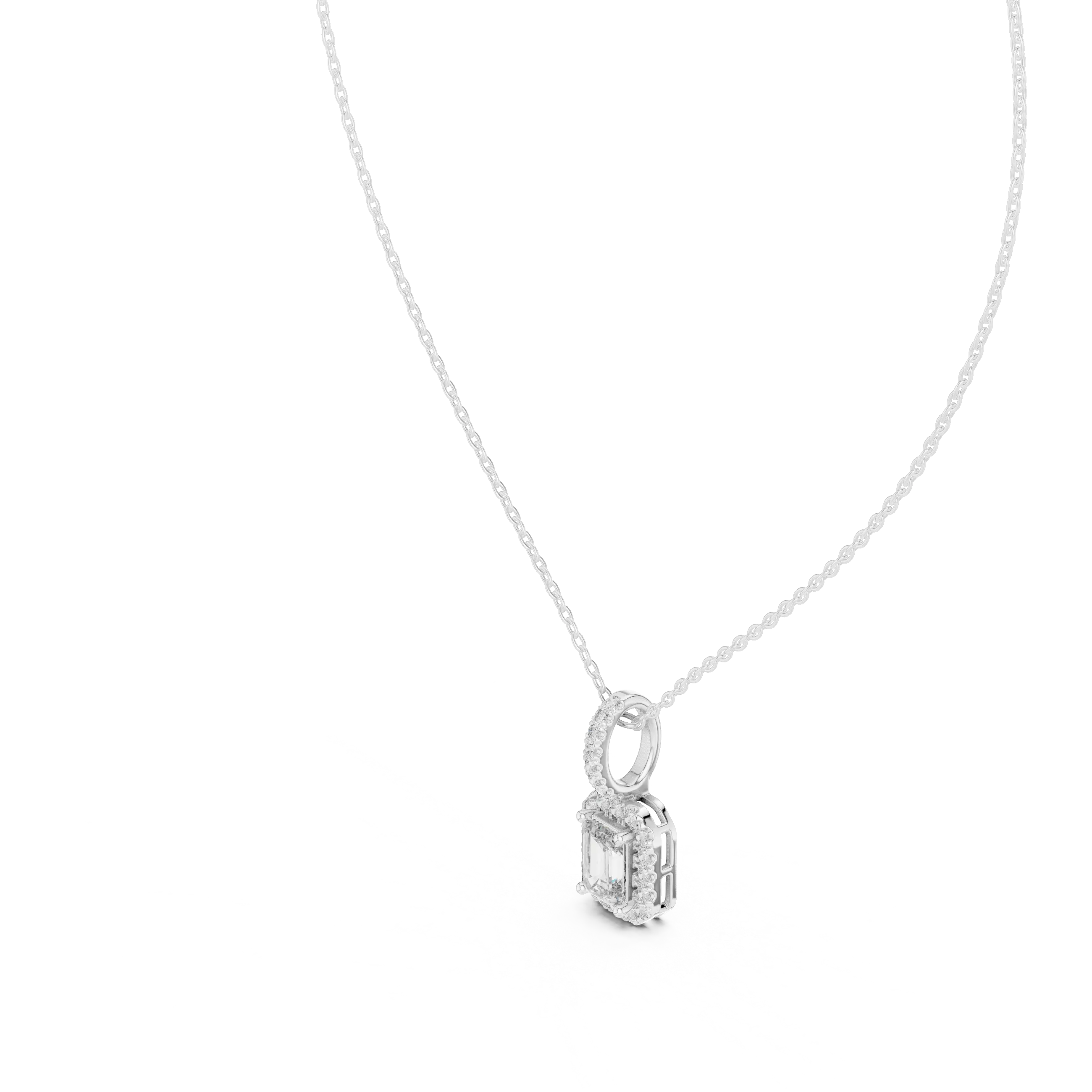 Front-view: Emerald Cut Diamond Pendant with Halo Setting in 14k White Gold - Lab Grown - Driona Jewels