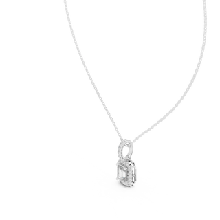 Front-view: Emerald Cut Diamond Pendant with Halo Setting in 14k White Gold - Lab Grown - Driona Jewels