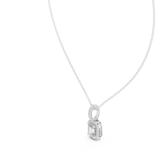 Front-view: Emerald Cut Diamond Pendant with Halo Setting in 14k White Gold - Lab Grown - Driona Jewels