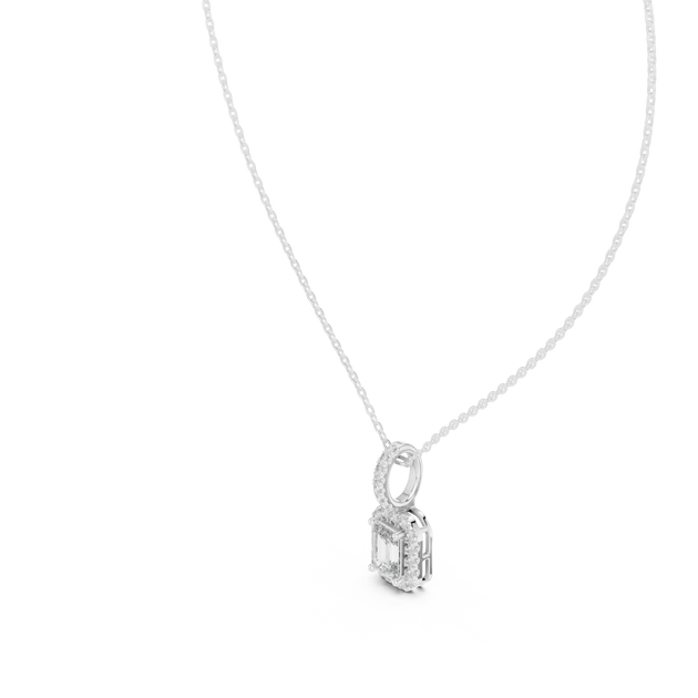 Front-view: Emerald Cut Diamond Pendant with Halo Setting in 14k White Gold - Lab Grown - Driona Jewels