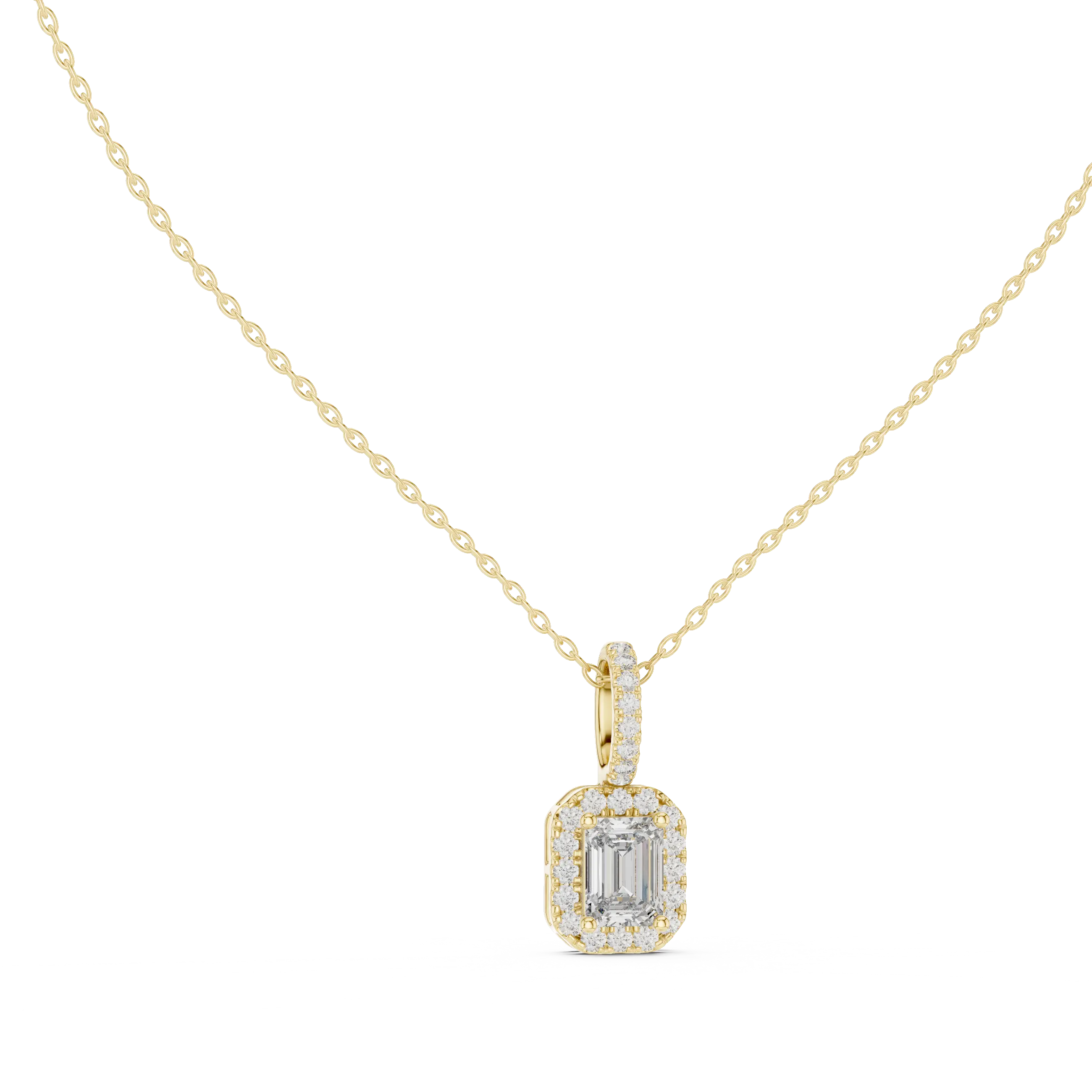 Front-view: Emerald Cut Diamond Pendant with Halo Setting in 14k Yellow Gold - Lab Grown - Driona Jewels