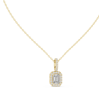 Front-view: Emerald Cut Diamond Pendant with Halo Setting in 14k Yellow Gold - Lab Grown - Driona Jewels