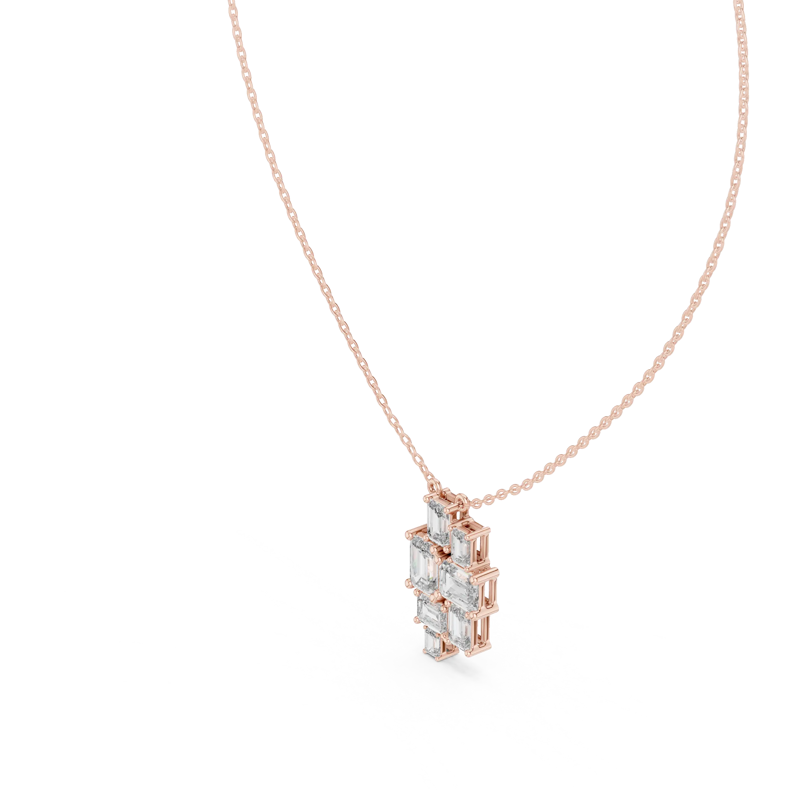 Three-quarter-view: Emerald Cut Diamond Pendant with Prong Setting in 14k Rose Gold - Lab Grown - Driona Jewels