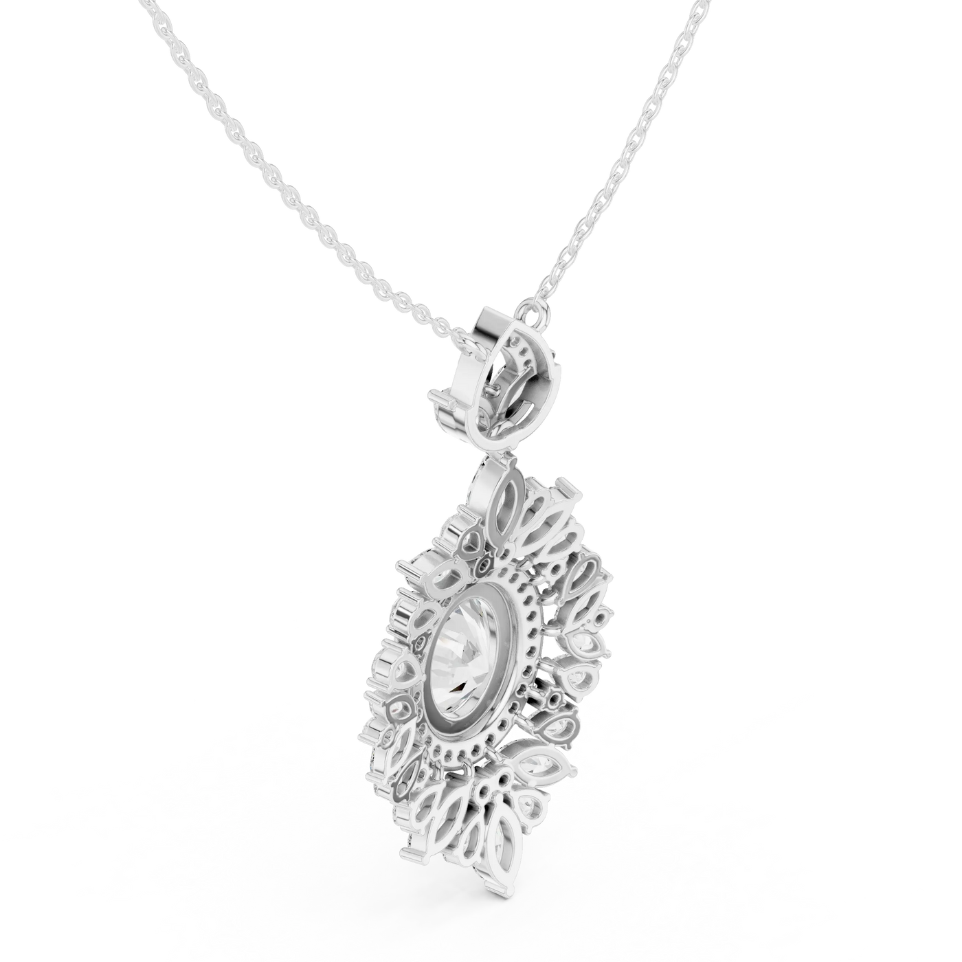 Three-quarter-view: Floral Cut Diamond Pendant with Halo Setting in 14k White Gold - Lab Grown - Driona Jewels