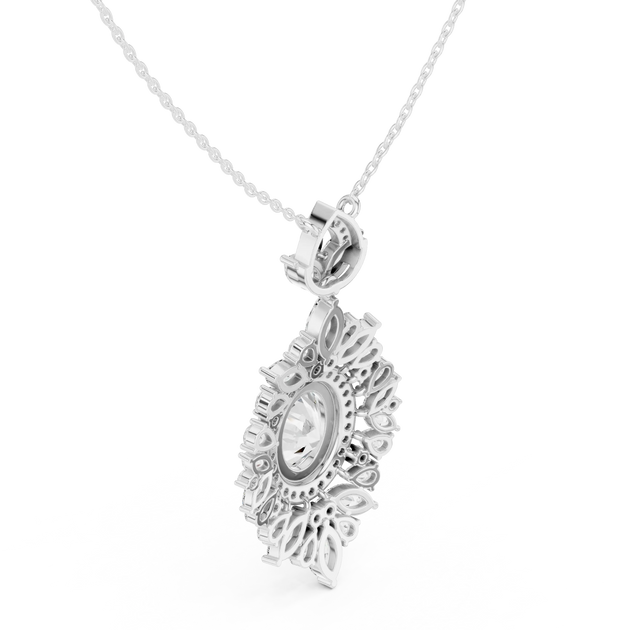 Three-quarter-view: Floral Cut Diamond Pendant with Halo Setting in 14k White Gold - Lab Grown - Driona Jewels