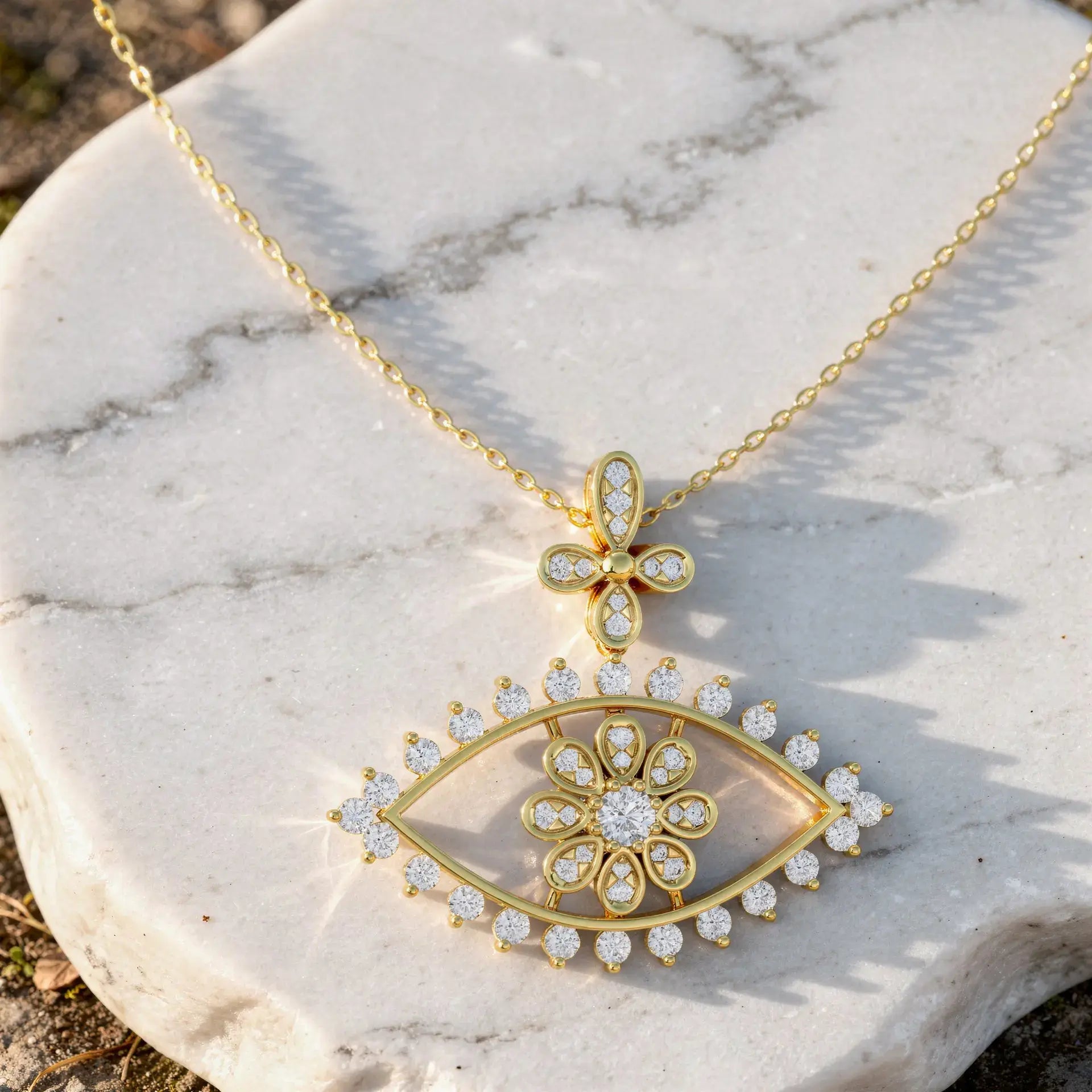 Close-up: Flower Cut Diamond Pendant with Bezel Setting in 14k Yellow Gold - Lab Grown - Driona Jewels