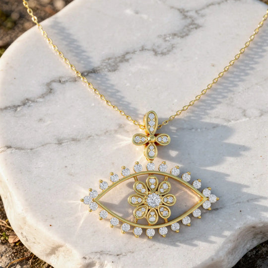 Close-up: Flower Cut Diamond Pendant with Bezel Setting in 14k Yellow Gold - Lab Grown - Driona Jewels