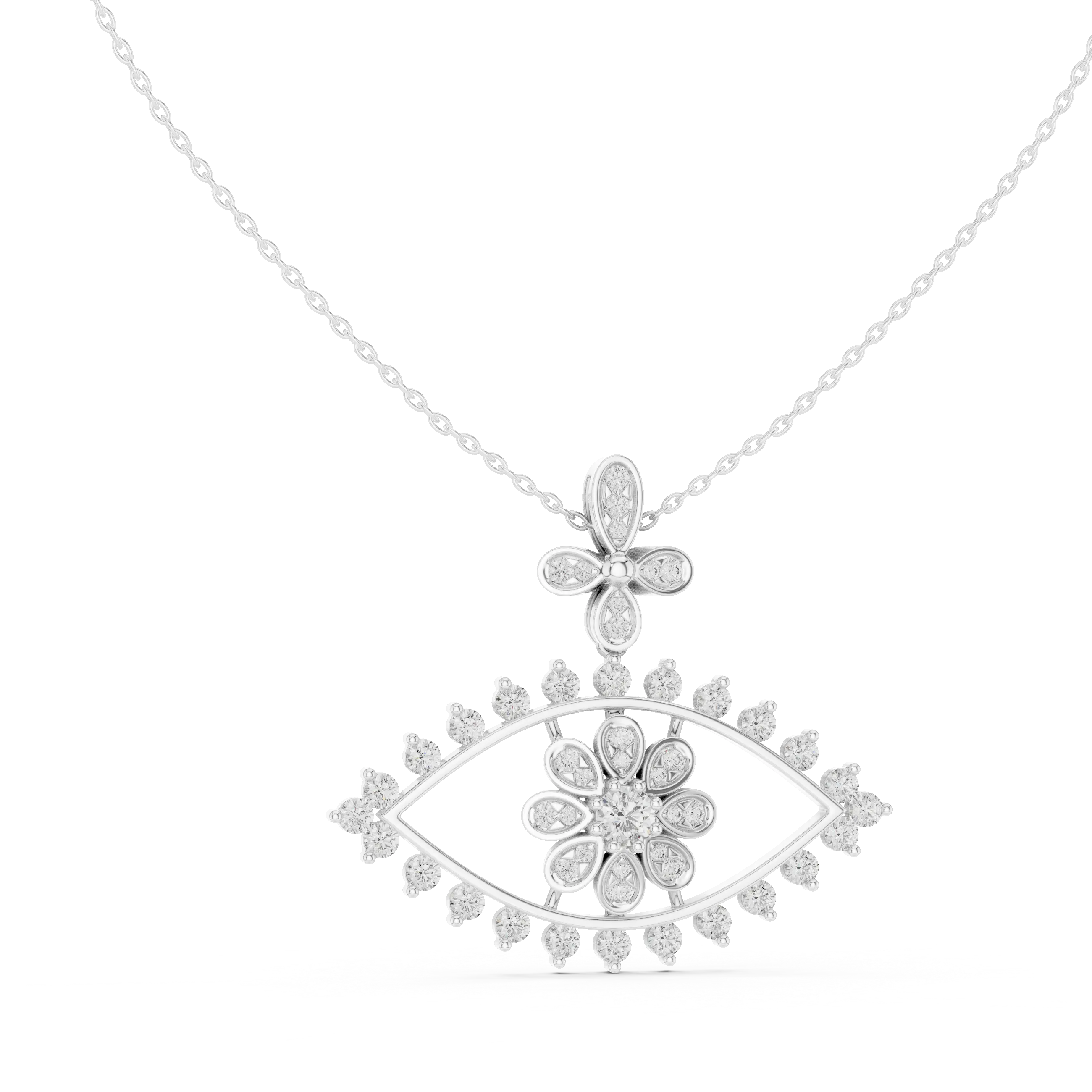 Front-View: Flower Cut Diamond Pendant with Pave Setting in 14k White Gold - Lab Grown - Driona Jewels