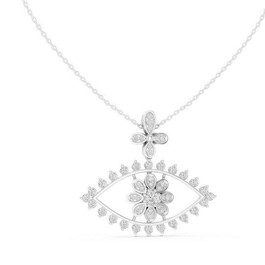 Front-View: Flower Cut Diamond Pendant with Pave Setting in 14k White Gold - Lab Grown - Driona Jewels