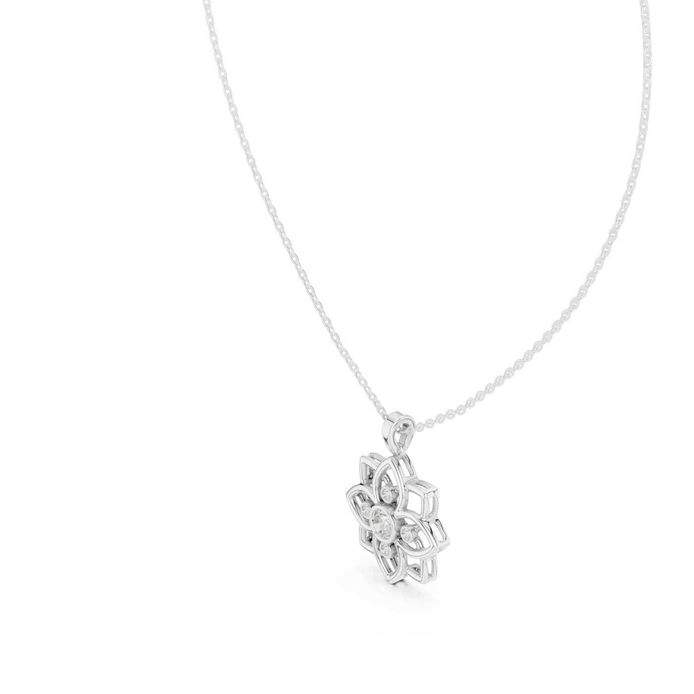 Front-View: Flower Cut Diamond Pendant with Prong Setting in 14k White Gold - Lab Grown - Driona Jewels