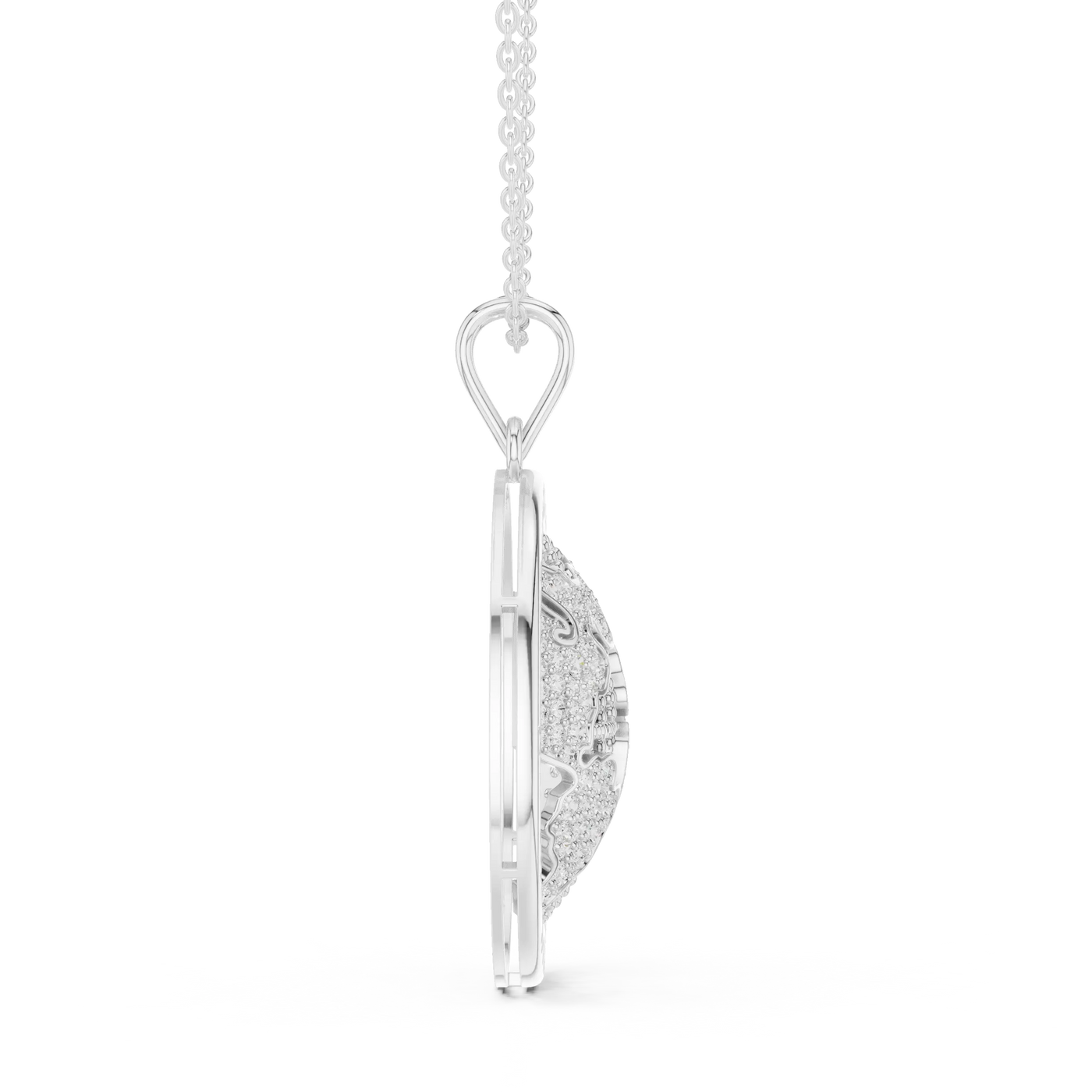 Side-Profile: Halo Diamond Pendant with Pave Setting in 14k White Gold - Lab Grown - Driona Jewels