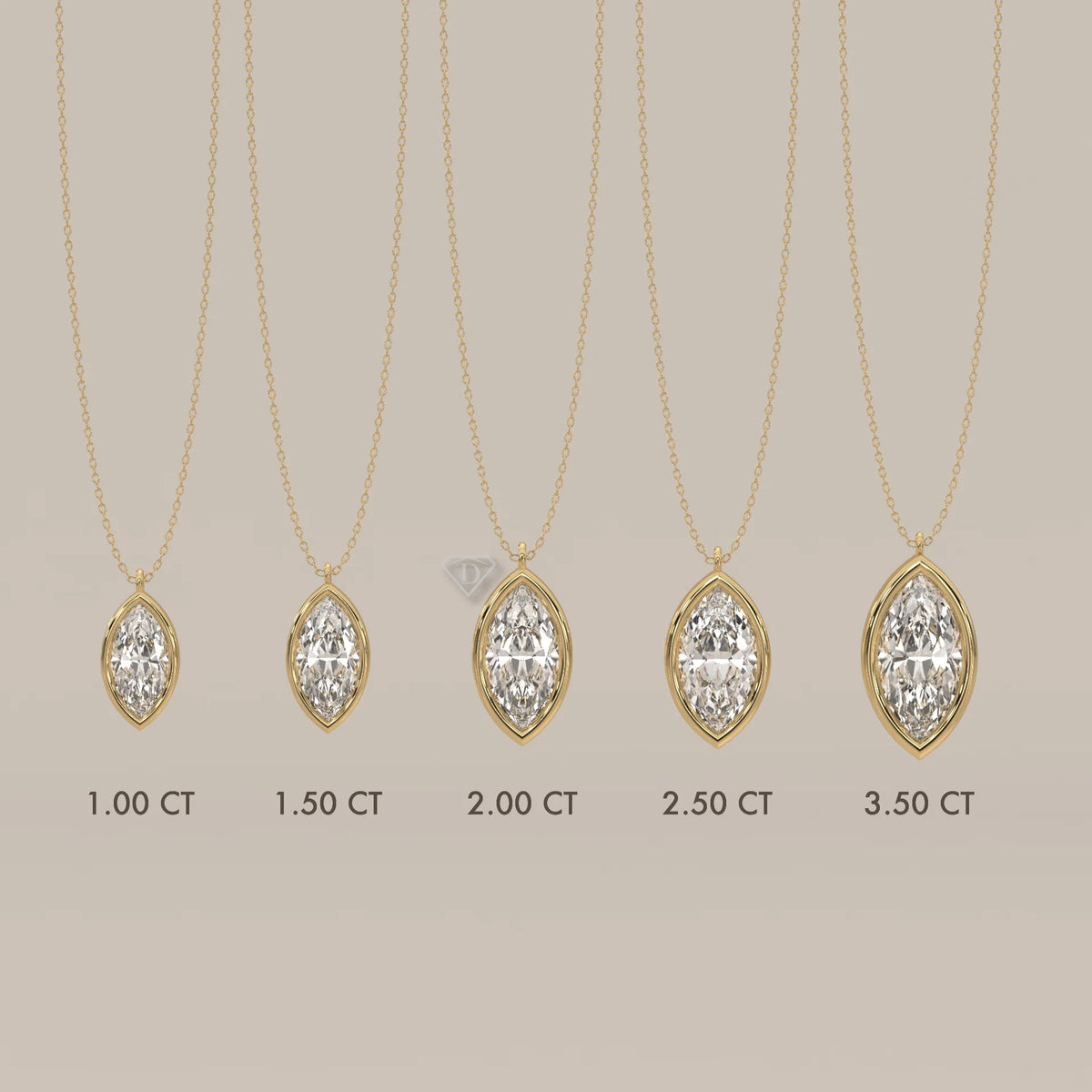 Collection of marquise diamond pendants in gold, showing size comparison from 1.00 to 3.50 ct.