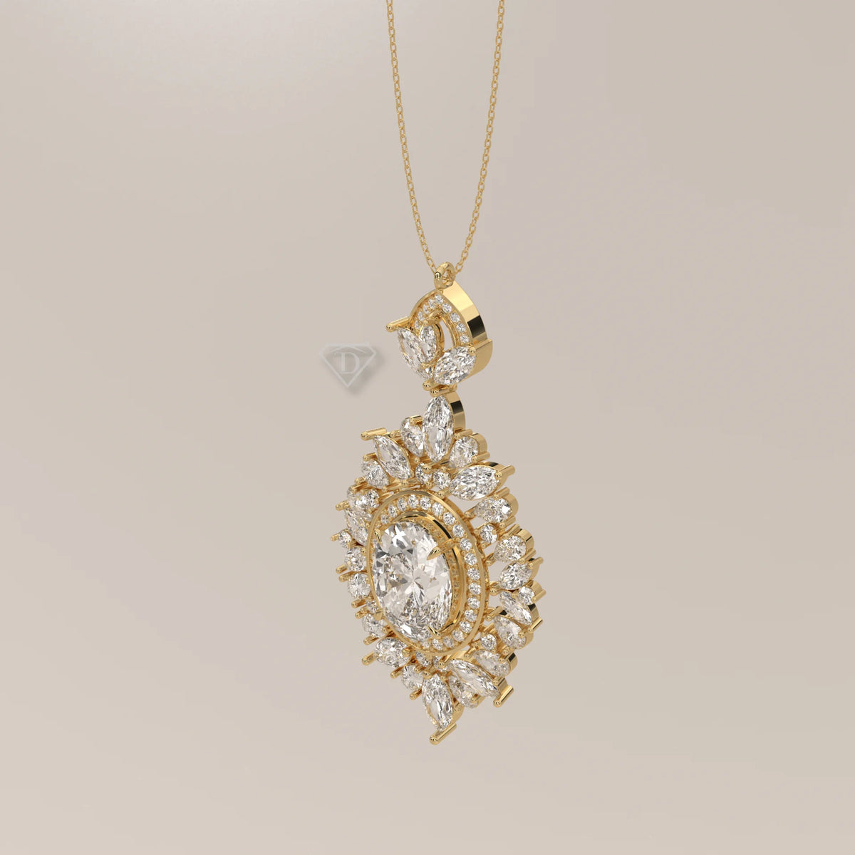Gold pendant necklace with an oval diamond surrounded by smaller diamonds in a floral cluster design.
