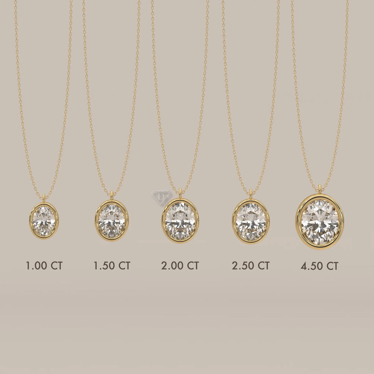 Five oval-cut diamond pendants on gold chains, varying in size.