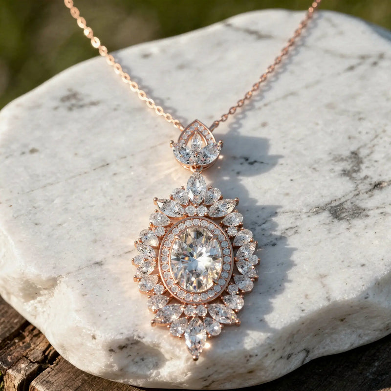 Close-up: Oval Diamond Pendant with Halo Setting in 14k Rose Gold - Lab Grown - Driona Jewels