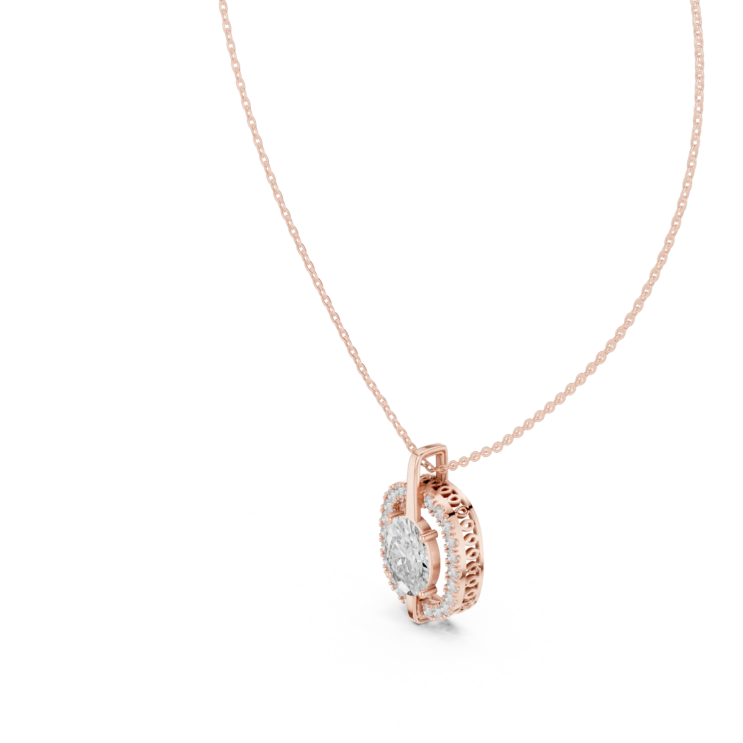 Front-View: Oval Diamond Pendant with Halo Setting in 14k Rose Gold - Lab Grown - Driona Jewels