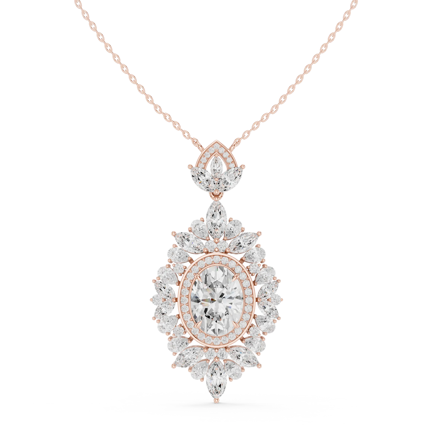 Front: Oval Diamond Pendant with Halo Setting in 14k Rose Gold - Lab Grown - Driona Jewels