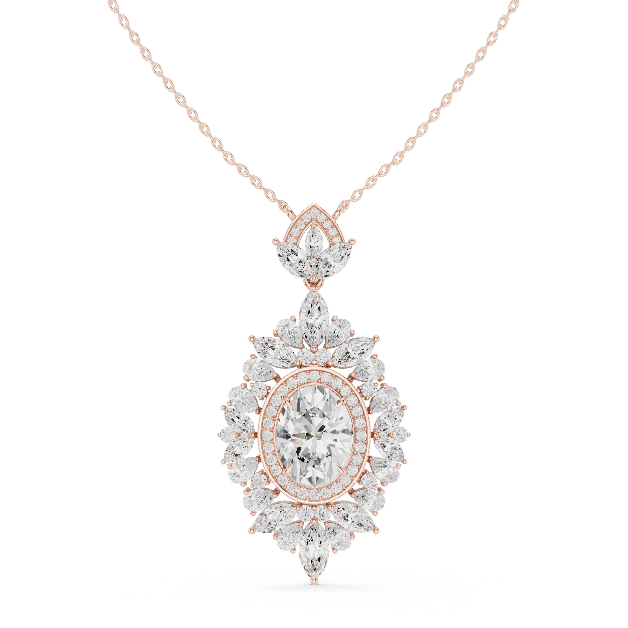 Front: Oval Diamond Pendant with Halo Setting in 14k Rose Gold - Lab Grown - Driona Jewels