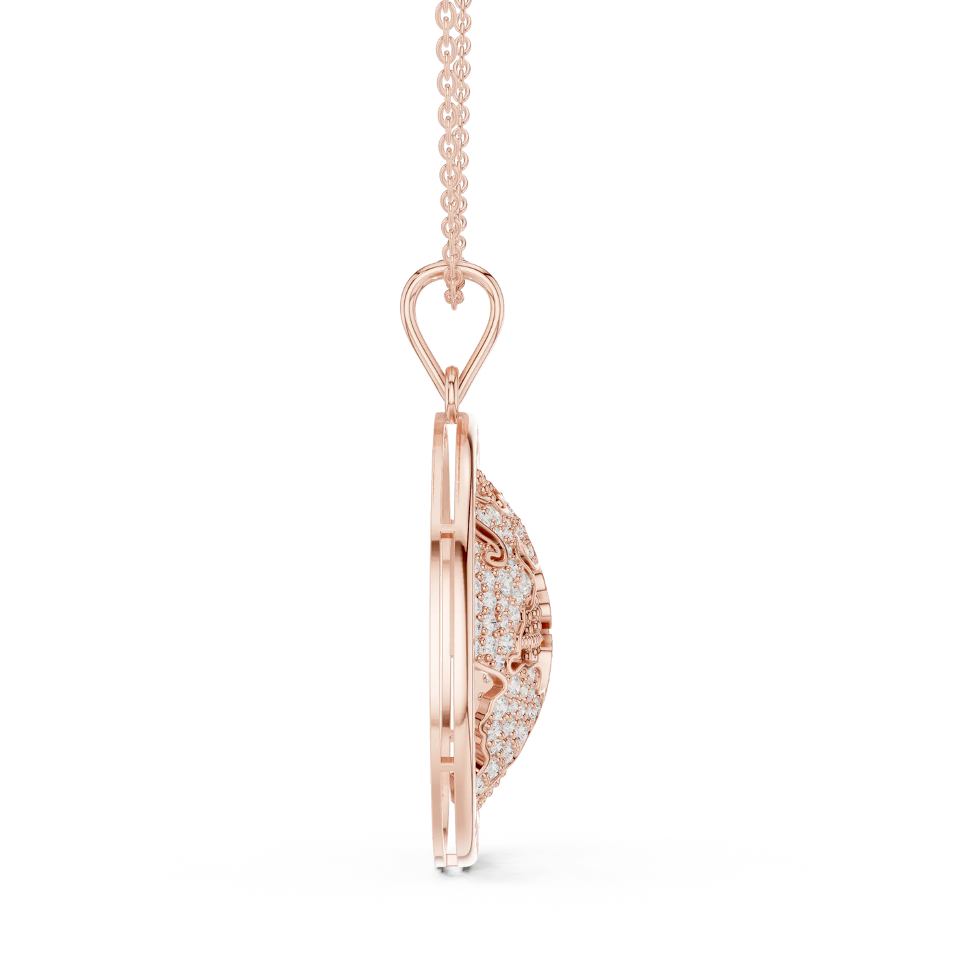 Side-Profile: Oval Diamond Pendant with Halo Setting in 14k Rose Gold - Lab Grown - Driona Jewels