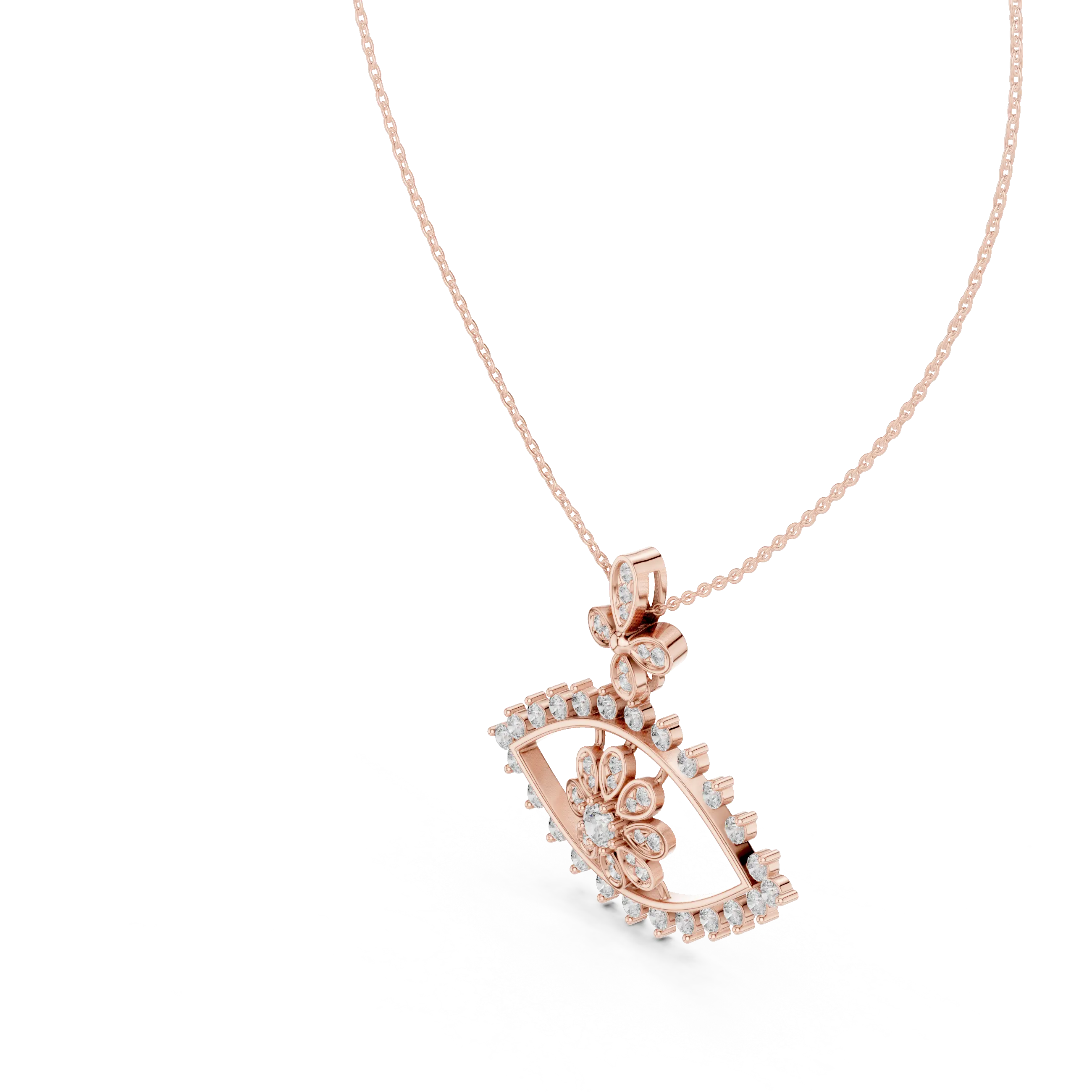 Three-quarter-view: Oval Diamond Pendant with Halo Setting in 14k Rose Gold - Lab Grown - Driona Jewels