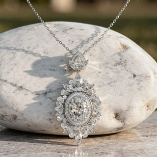 Front-view: Oval Diamond Pendant with Halo Setting in 14k White Gold - Lab Grown - Driona Jewels