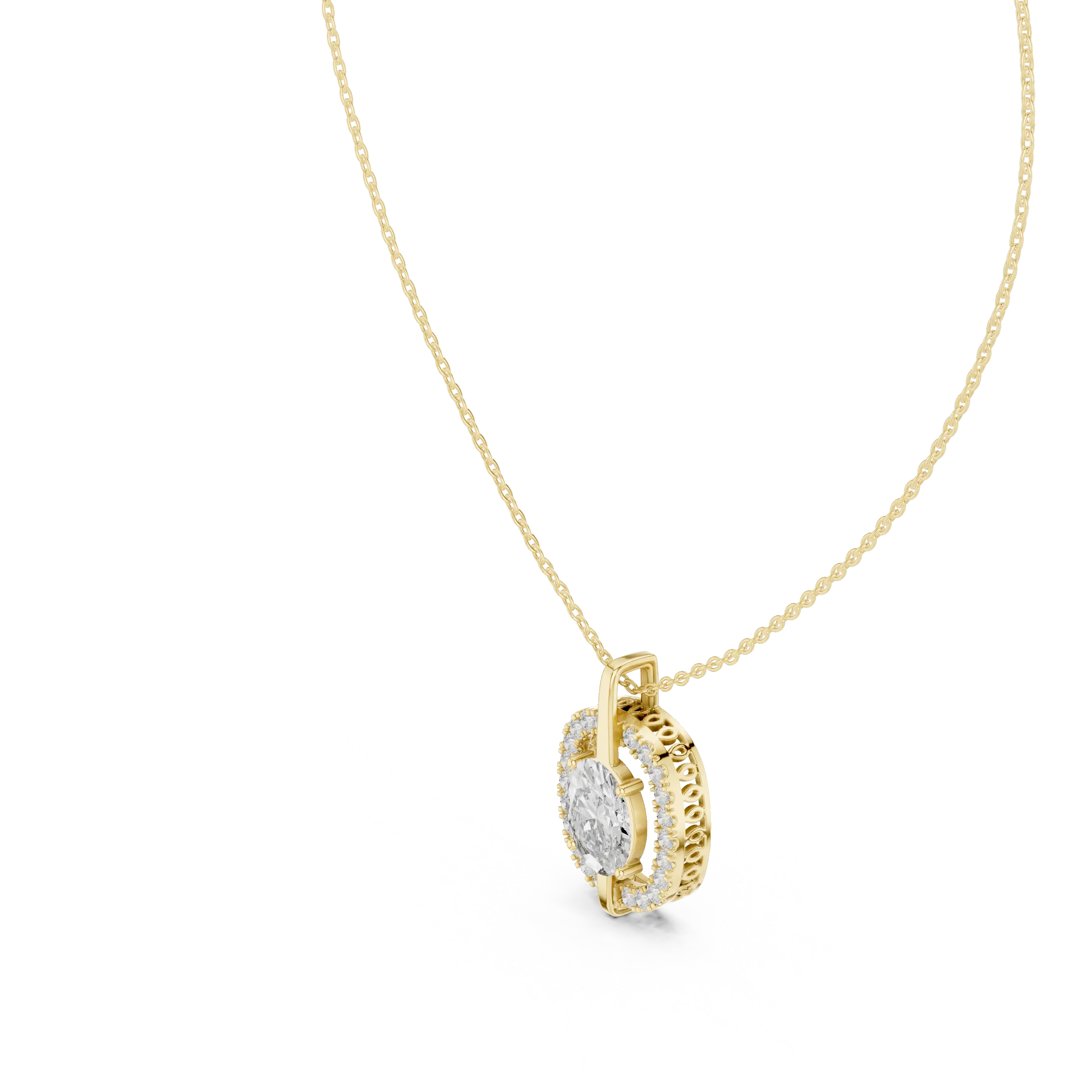 Front-view: Oval Diamond Pendant with Halo Setting in 14k Yellow Gold - Lab Grown - Driona Jewels