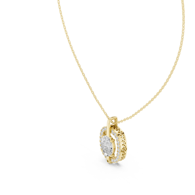 Front-view: Oval Diamond Pendant with Halo Setting in 14k Yellow Gold - Lab Grown - Driona Jewels