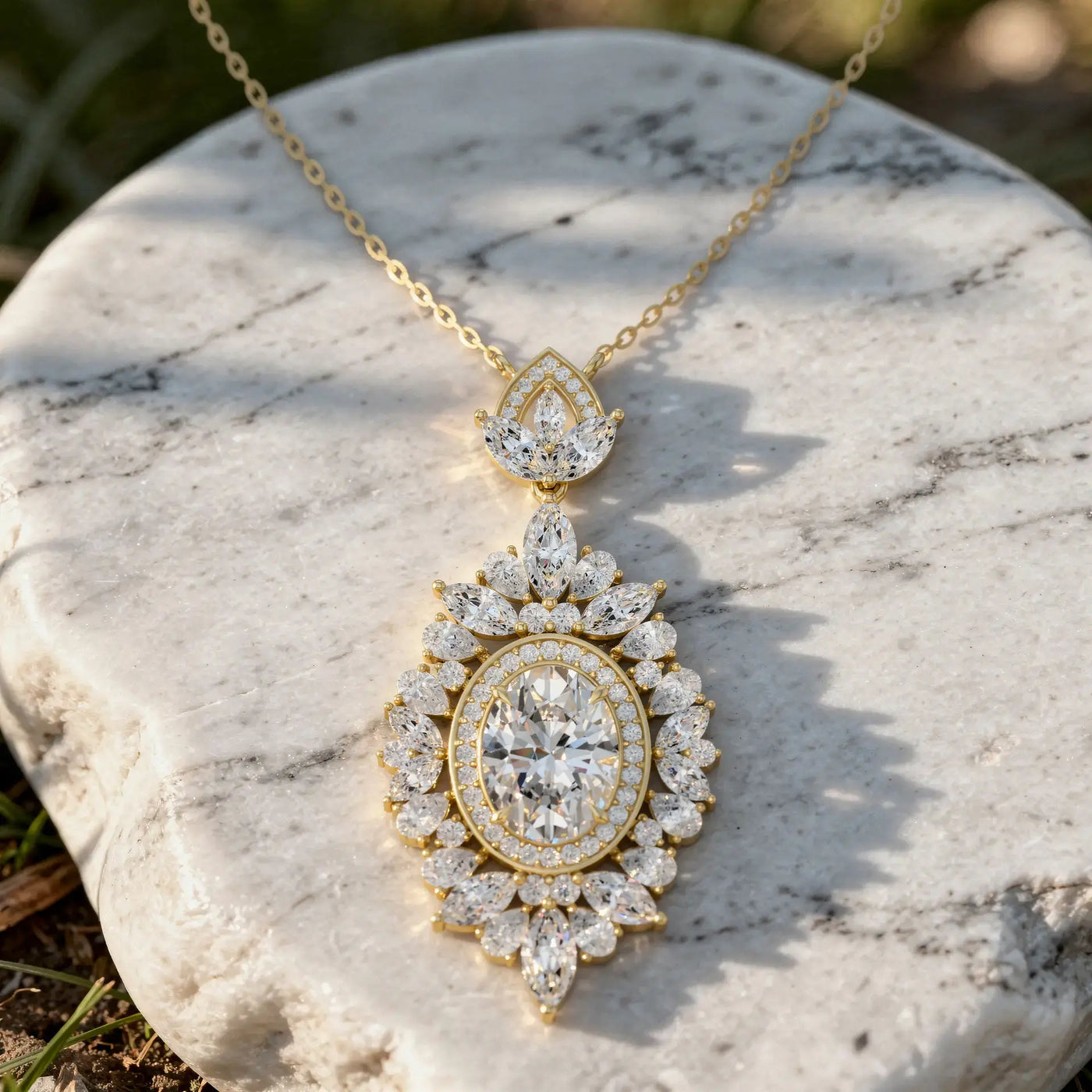 Front: Oval Diamond Pendant with Halo Setting in 14k Yellow Gold - Lab Grown - Driona Jewels