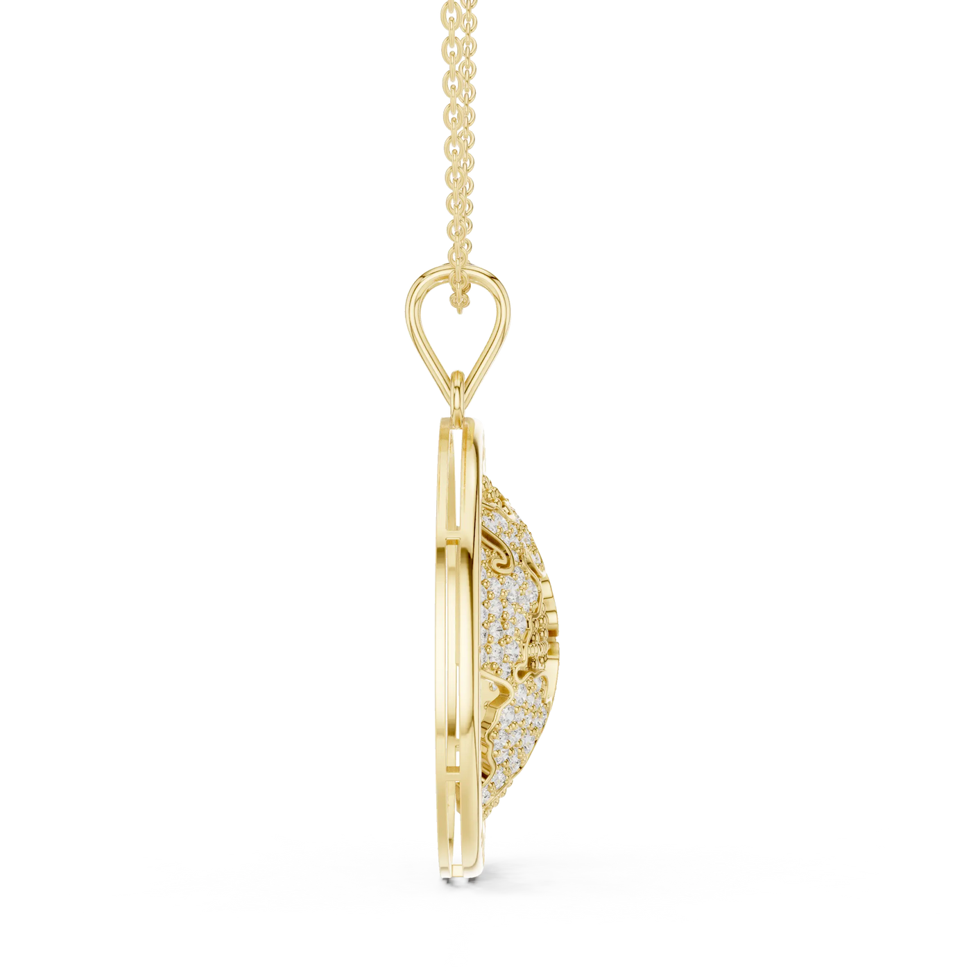 Side-Profile: Oval Diamond Pendant with Pave Setting in 14k Yellow Gold - Lab Grown - Driona Jewels