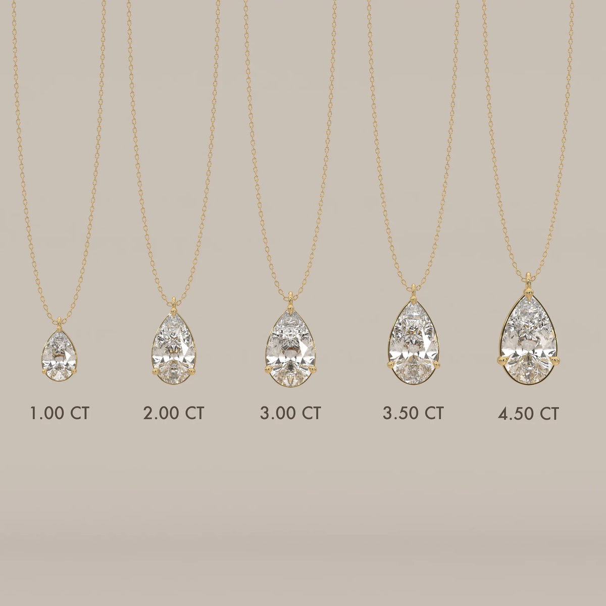 Five pear-cut diamond pendants on gold chains, showing size variations.