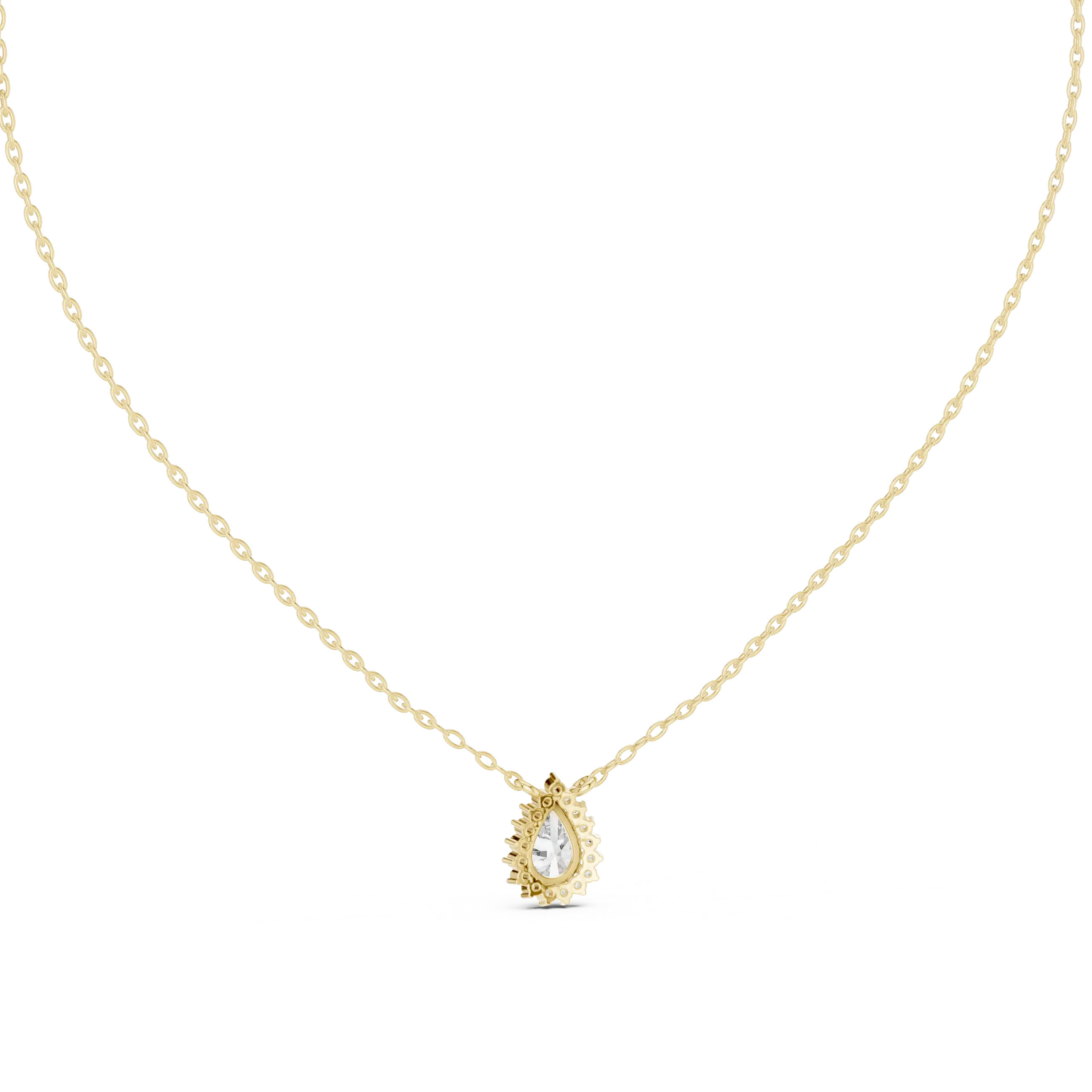 Front-view: Pear Diamond Pendant with Halo Setting in 14k Gold - Lab Grown - Driona Jewels