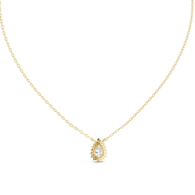 Front-view: Pear Diamond Pendant with Halo Setting in 14k Gold - Lab Grown - Driona Jewels