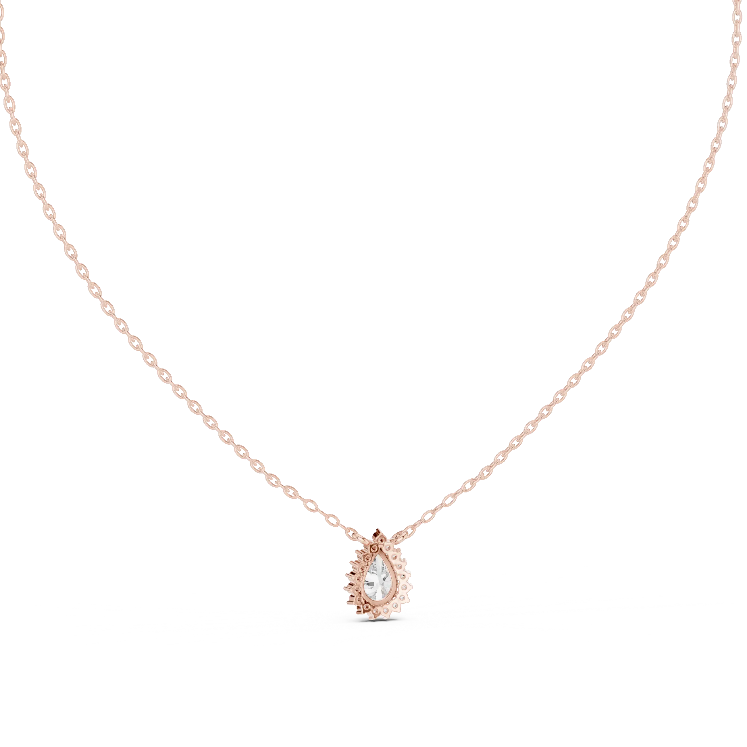 Front-view: Pear Cut Diamond Pendant with Halo Setting in 14k Rose Gold - Lab Grown - Driona Jewels