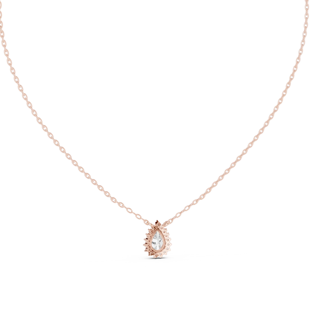 Front-view: Pear Cut Diamond Pendant with Halo Setting in 14k Rose Gold - Lab Grown - Driona Jewels