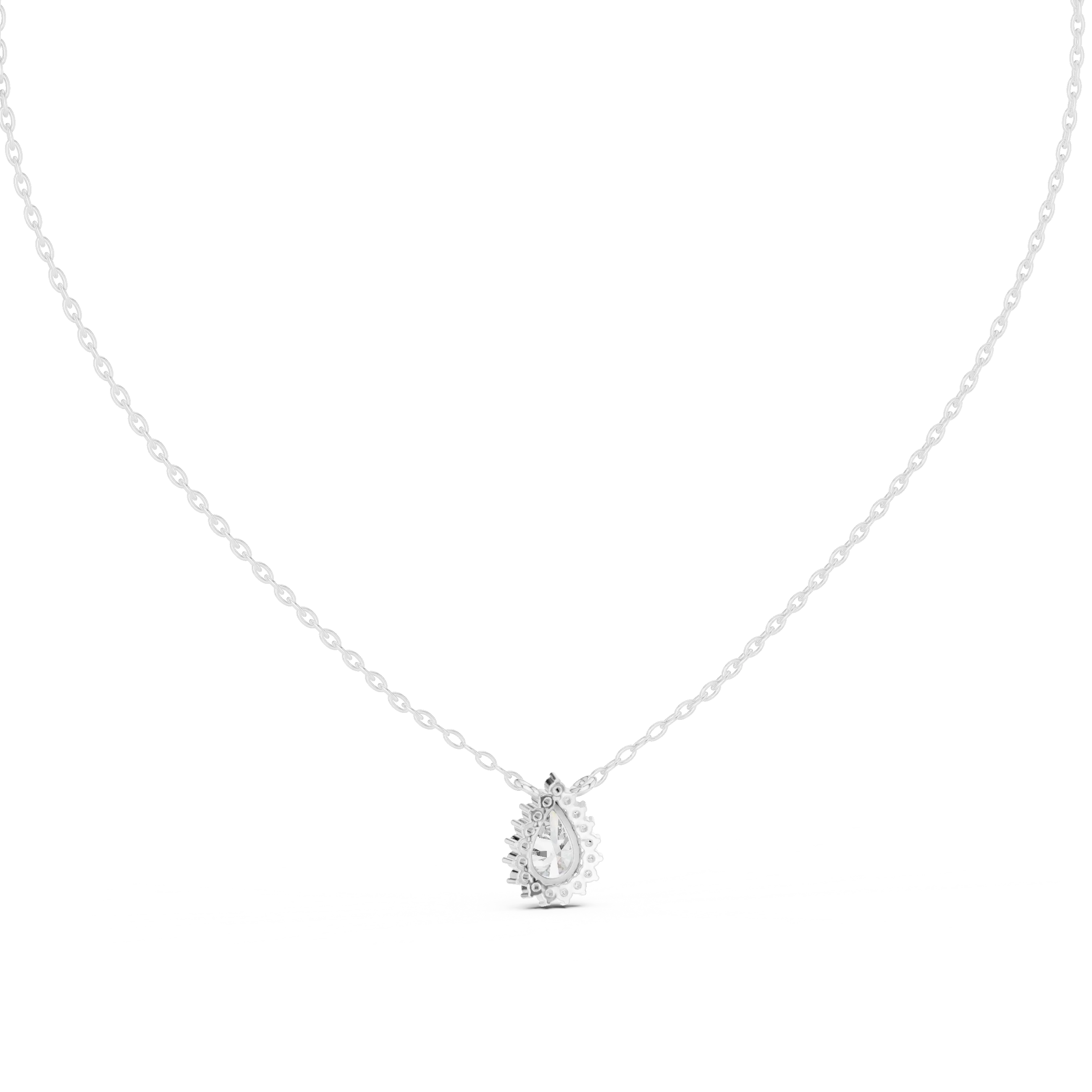Front-view: Pear Diamond Pendant with Halo Setting in 14k White Gold - Lab Grown - Driona Jewels