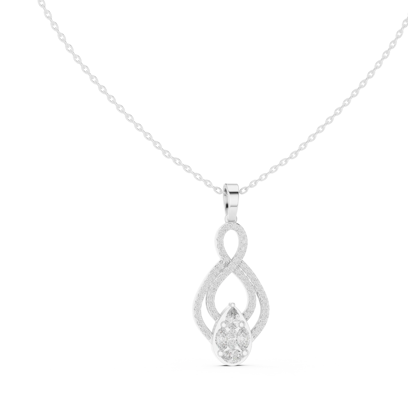 Front-View: Pear Cut Diamond Pendant with Pave Setting in 14k White Gold - Lab Grown - Driona Jewels