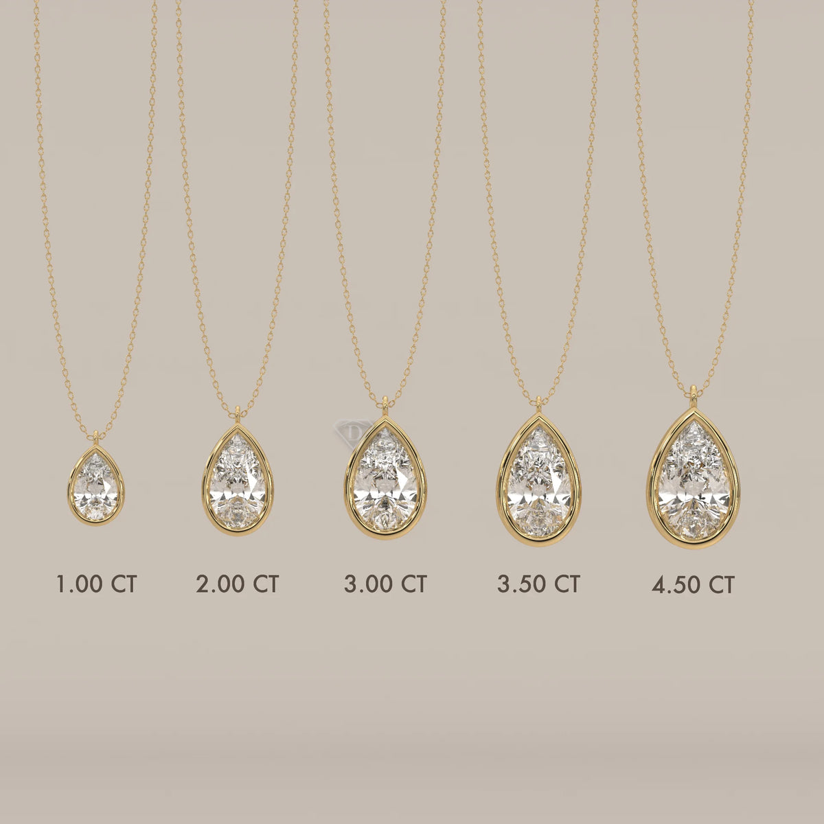 Five pear-shaped diamonds of varying sizes on gold chains.