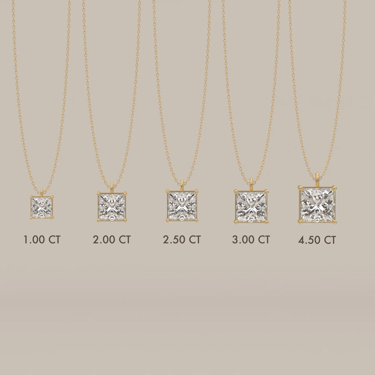 A selection of princess cut diamond pendants in yellow gold, showcasing different carat sizes.