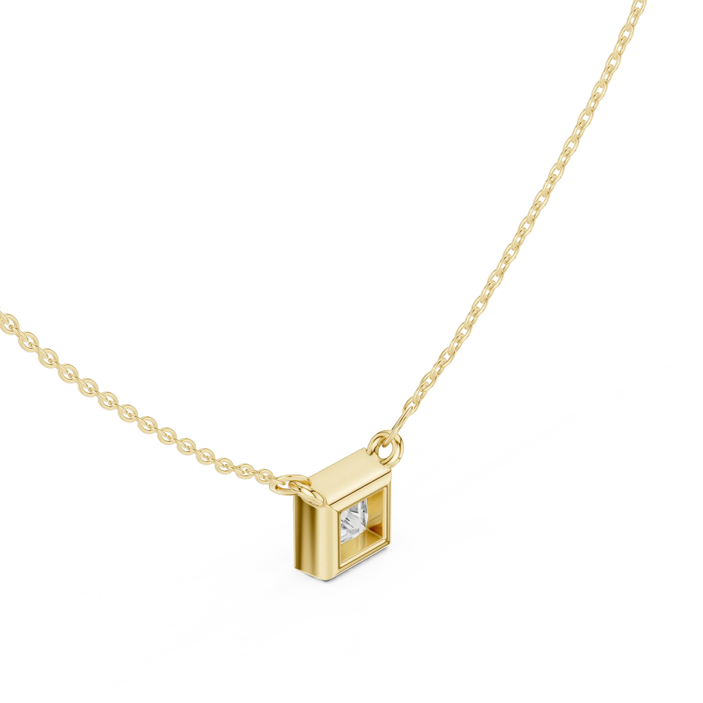 Three-quarter-view: Princess Diamond Pendant with Bezel Setting in 14k Gold - Lab Grown - Driona Jewels