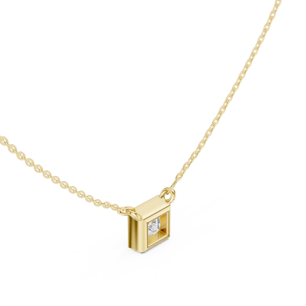 Three-quarter-view: Princess Diamond Pendant with Bezel Setting in 14k Gold - Lab Grown - Driona Jewels