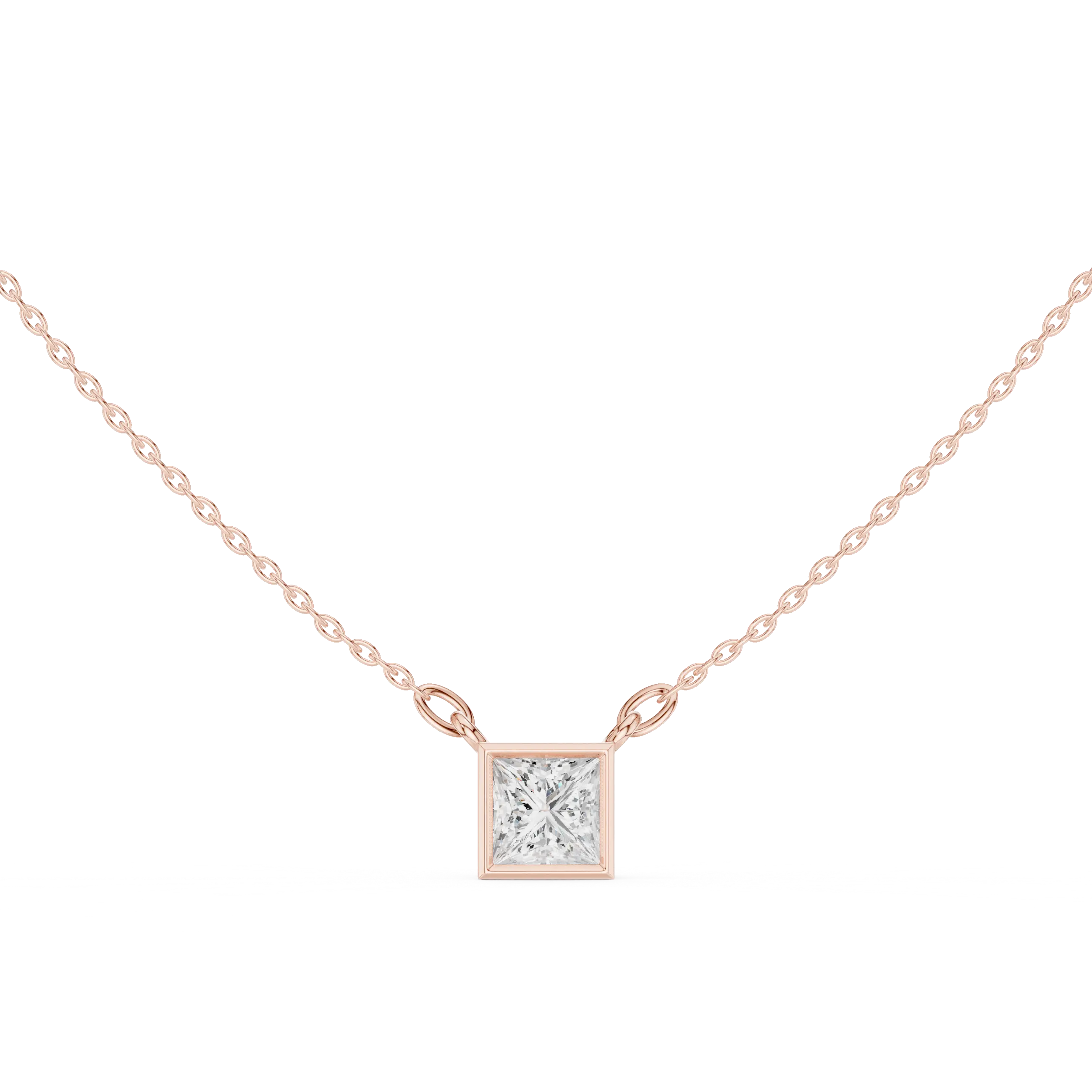 Front-view: Princess Diamond Pendant with Bezel Setting in 14k Rose Gold - Lab Grown - Driona Jewels
